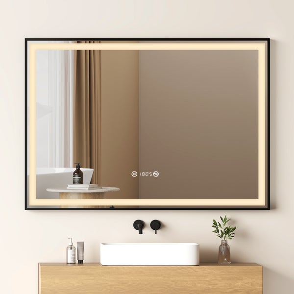 EMKE LED Badspiegel mit Beleuchtung 100x70 cm, Mattierter Spiegelrand, 4300K Neutrallicht, Antibeschlag & Uhr, Schwarzer Rahmen, für Badezimmer geeignet