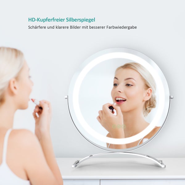 EMKE Kosmetikspiegel mit Beleuchtung ф40cm, Tisch-Standspiegel, 3 dimmbare Lichtfarben, Touchsteuerung, 360° drehbar, 4mm HD-Spiegelfläche mit matter Kante, für Schlafzimmer, Weiß