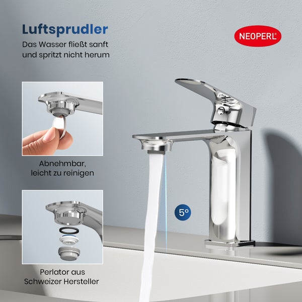 EMKE Badezimmerarmatur, Waschtischmischer, Haushaltswasserhahn, Waschtischarmatur für Aufsatzwaschbecken, Kurz Waschtischarmatur Messing Mischbatterie, Chrom, L166 x H 152mm