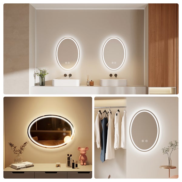 EMKE LED Badspiegel 60x80 cm, Touch-Schalter, 3 Farbtemperaturen einstellbar, Anti-Beschlag, flexible Montage, IP44, ovaler Spiegel, für Badezimmer