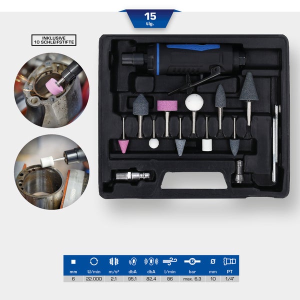 15-teiliges Druckluft Schleifstift-Set im Koffer mit Anwendungsbeispielen