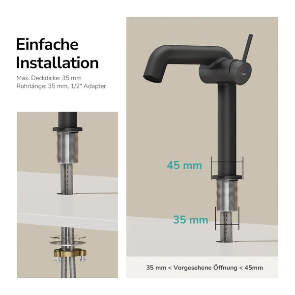 Installation eines schwarzen Wasserhahns mit Angabe der Maße