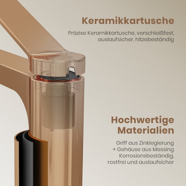 Nahaufnahme einer Armatur mit Keramikkartusche und hochwertigen Materialien wie Zinklegierung und Messing.