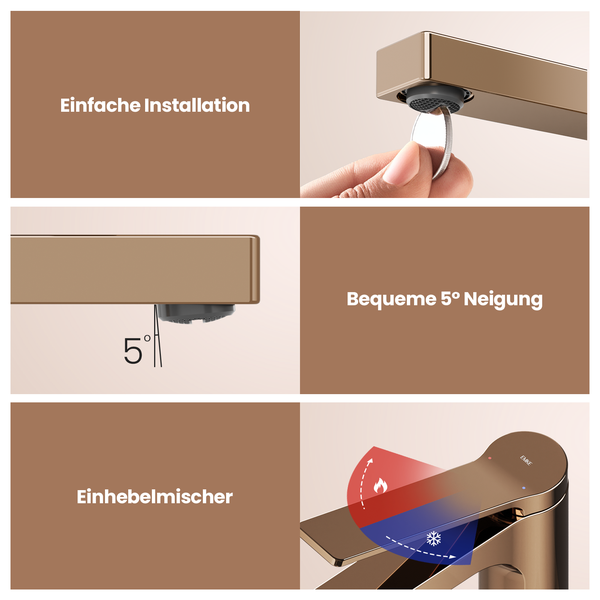 Emke Einhebel-Waschtischarmatur, Badarmaturen, Waschbecken Armatur - Schweizer Design, Minimalistisches Design，3/8 Zoll, Wassersparend, Korrosionsschutz, Warm- & Kaltwasser, Bleifreies Messing, Pflegeleicht -Rosengold
