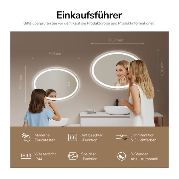 Badezimmer mit zwei beleuchteten Spiegeln in ovaler Form mit Touchfunktion, Antibeschlagfunktion, Dimmfunktion, drei Lichtfarben, Speicherfunktion, Wasserdichtigkeit IP44 und drei Stunden Abschaltautomatik.
