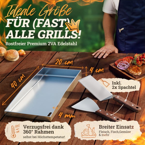 LIKAYA Plancha Edelstahl Grillplatte [20x40cm] – Verzugsfreier 4mm Edelstahl inkl 2x Grillspachtel mit FSC-Akazienholzgriff – Perfekt für Smash Burger, Gemüse & mehr!