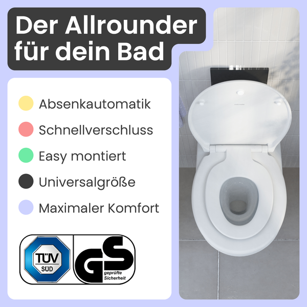 Weißes Wand-Tiefspül-WC mit Absenkautomatik, Schnellverschluss, einfacher Montage und Universalgröße im Badezimmer, mit TÜV Süd Logo und Geprüfte Sicherheit Siegel