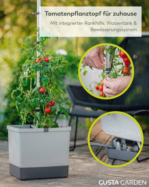 Tomaten Pflanztopf mit Rankhilfe, Wassertank und Bewässerungssystem für den Garten