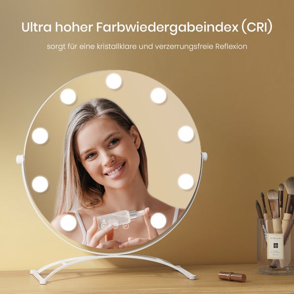 Runder Kosmetikspiegel mit Beleuchtung und Frau im Spiegelbild