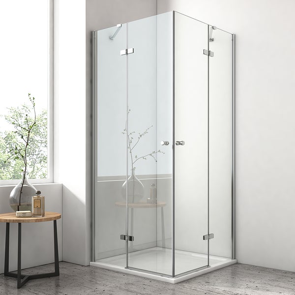 EMKE Eckdusche Duschkabine 75x90 cm, Eckeinstieg mit 5 mm ESG Glas beidseitiger Nano-Beschichtung, nach außen öffnend, Duschabtrennung mit Rundgriff, für Bad, Höhe 185 cm