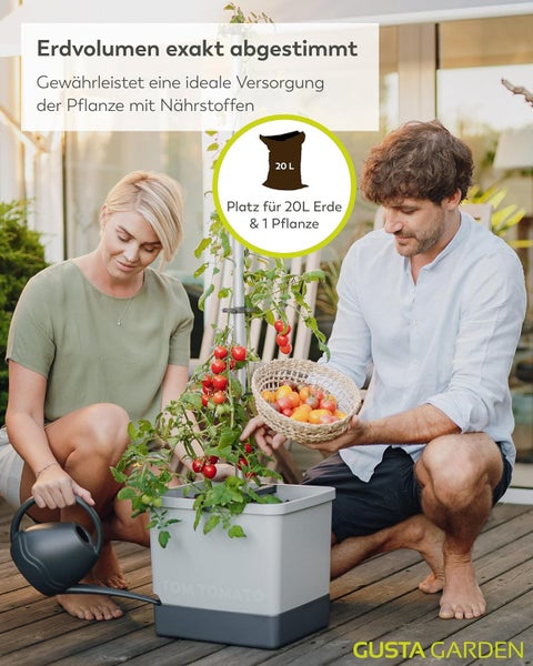 Personen bewässern und ernten Tomaten aus einem Tomatenkasten von Gusta Garden auf einer Terrasse.