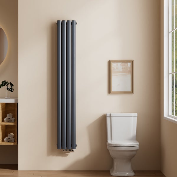 EMKE Heizkörper 1600×240 mm, Vertikal, Doppelrohr-Ovalprofil, Anthrazit, 623 W, Warmwasser, Mittelanschluss, für Badezimmer