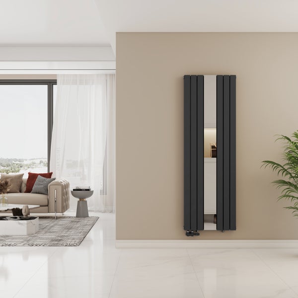 Moderner vertikaler Design-Heizkörper in Anthrazit mit Ganzkörperspiegel in einem hellen, geräumigen Wohnzimmer mit minimalistischem Dekor.
