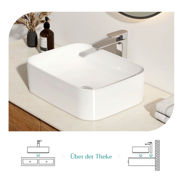 EMKE Aufsatzwaschbecken 705 × 380 mm, Rechteckiges Keramik Waschbecken, glänzend Weiß, ohne Hahnloch, R-Ecken-Design, Waschtisch für Badezimmer und Gäste-WC, modernes Design,  Höhe 150 mm