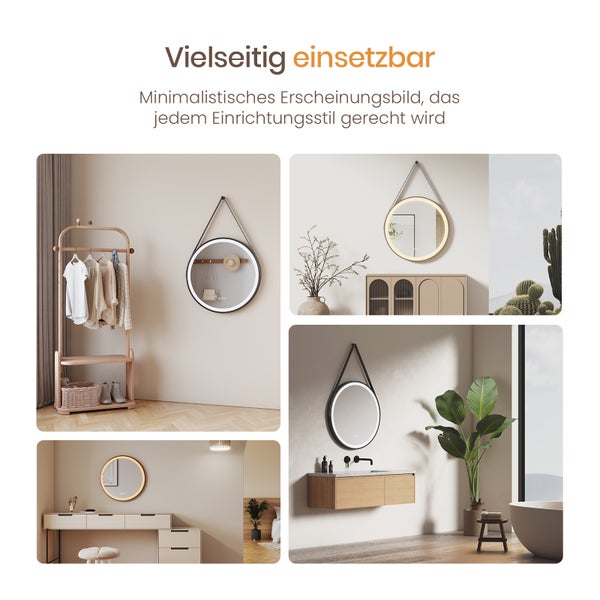 EMKE Badspiegel mit Beleuchtung Ø70 cm, 3 dimmbare Lichtfarben, Antibeschlag, mit Touch-Schalter, IP44, mit Dekorrahmen, für Badezimmer
