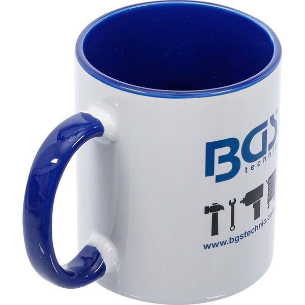 Keramikbecher mit Logo von BGS Technic und Werkzeugmotiven