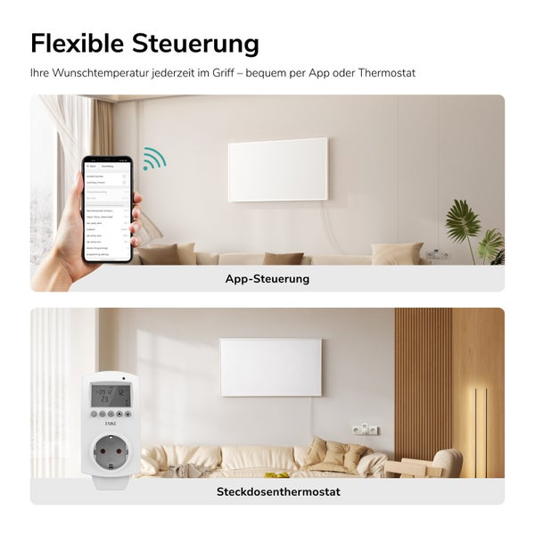 Infrarotheizung mit App Steuerung und Steckdosenthermostat zur flexiblen Temperaturregelung in einem Wohnzimmer.