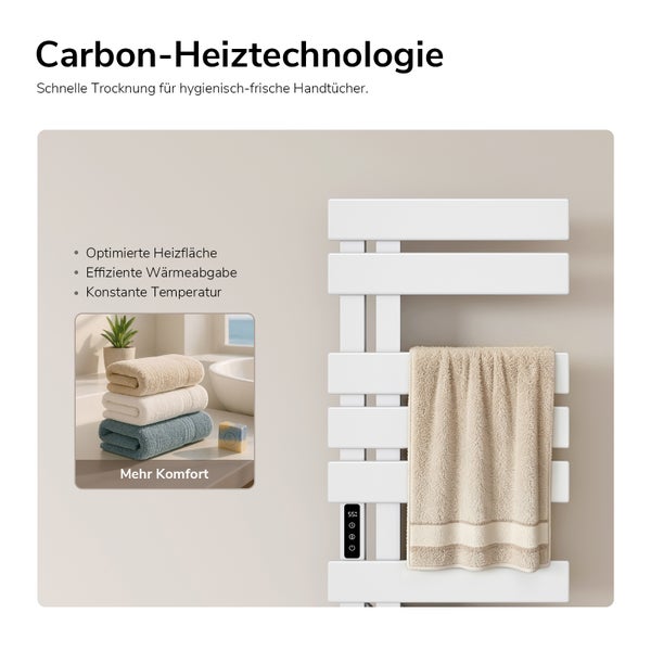 Elektrischer Handtuchheizkörper mit Carbon-Heiztechnologie, digitalem Display und hängendem Handtuch zur schnellen Trocknung.