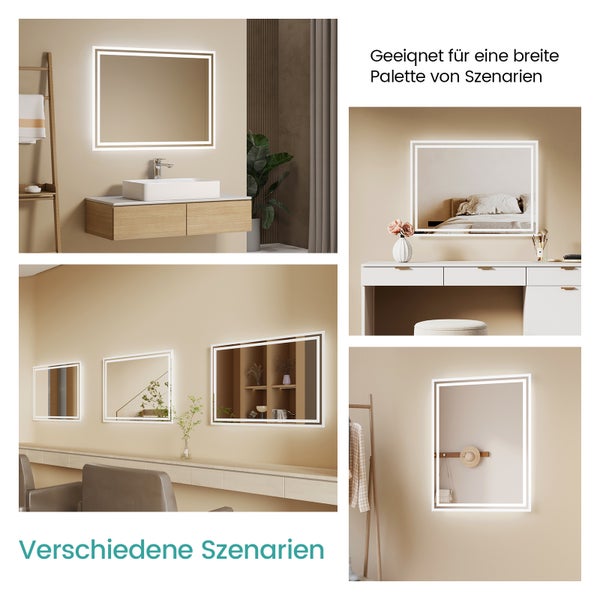 EMKE Badspiegel mit Beleuchtung 60 x 50 cm, LED-Spiegel mit Kippschalter, Anti-Beschlag, Kaltweiß/Warmweiß