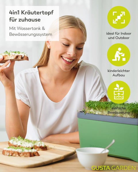 Frau mit Kräutertopf und Kräuterbrot am Tisch