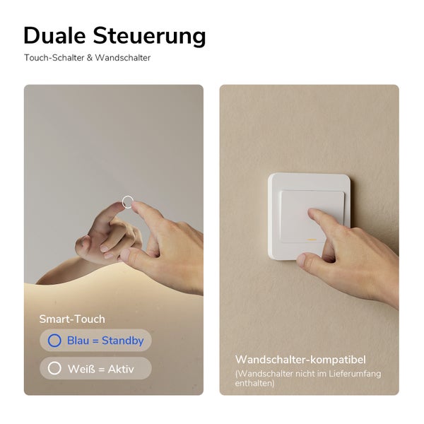 Duale Steuerung fuer Badezimmerspiegel mit Smart Touch Sensor und zusaetzlicher Wandschalter Kompatibilitaet fuer bequeme Bedienung