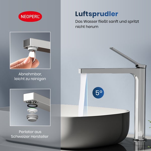Luftsprudler am Wasserhahn mit Neoperl Logo. Der Luftsprudler ist abnehmbar und leicht zu reinigen.
