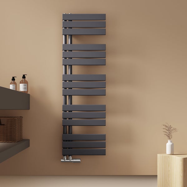 EMKE Badheizkörper Flach 1320x400 mm Anthrazit, Handtuchwärmer für Badezimmer Handtuchtrockner, Panel Handtuchhalter Seitenanschluss für Wasser 570W