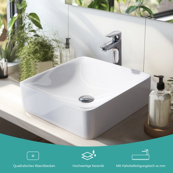 EMKE Aufsatzwaschbecken Keramik 405 × 405 mm, Quadratisch, glänzend Weiß, ohne Hahnloch, R-Ecken-Design, Höhe 120 mm, modernes Waschbecken für Badezimmer