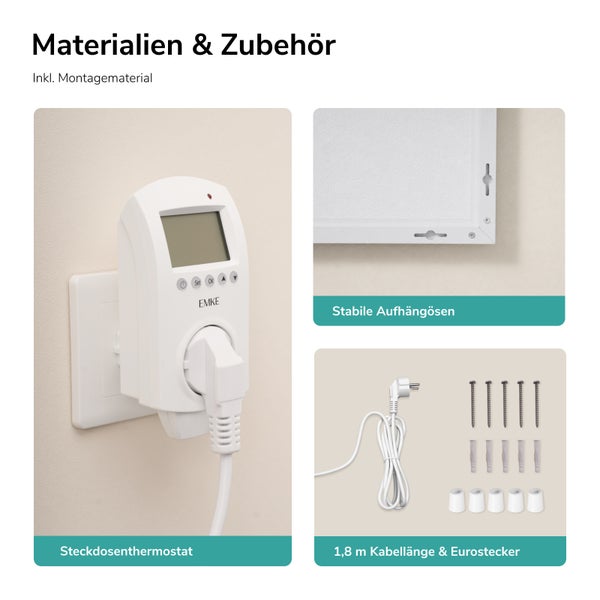 Infrarotheizung mit Steckdosenthermostat, Aufhängösen und Montagematerial sowie Netzkabel mit Eurostecker.