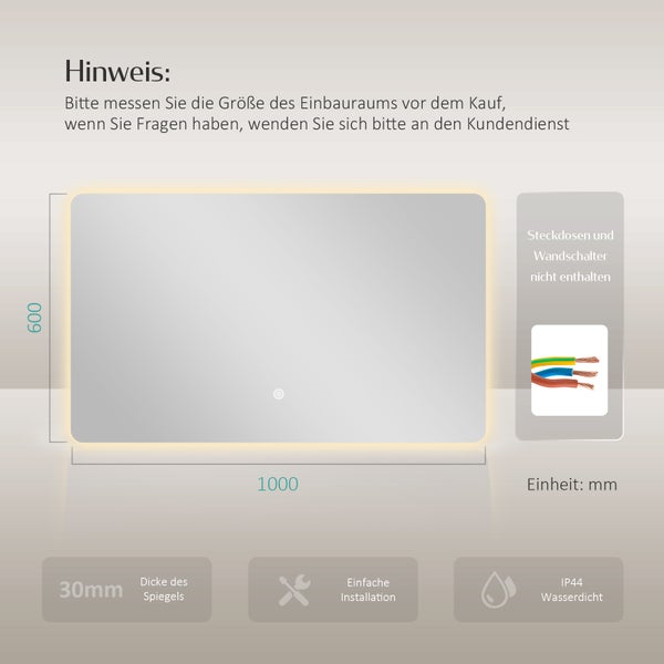 EMKE LED Badspiegel 100x60 cm, Touchschalter, 3 Lichtfarben einstellbar, Helligkeit dimmbar, IP44, rostfreier Spiegel, horizontal/vertikal montierbar, für Bad