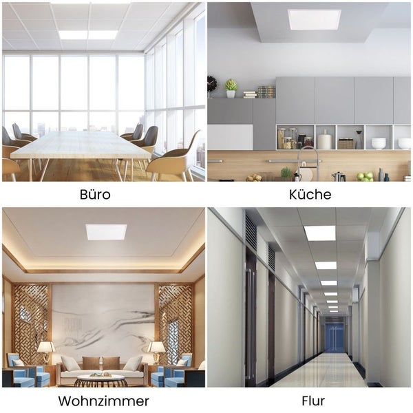 Montagebeispiele für LED Panel Leuchten in Büro, Küche, Wohnzimmer und Flur.
