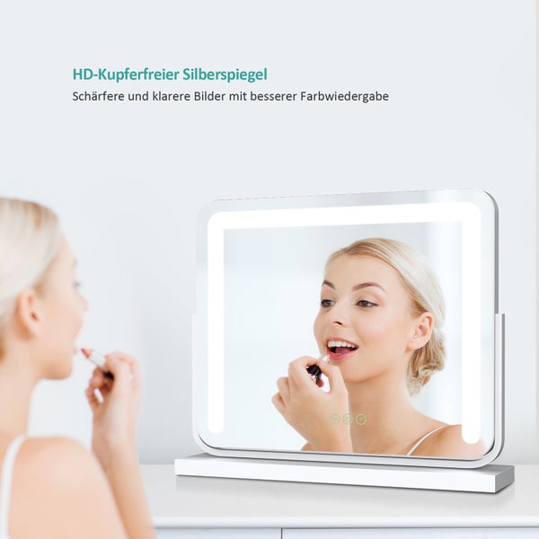 EMKE LED-Kosmetikspiegel 500x416mm, dimmbar mit 3 Lichtfarben, Touchschalter & Memory-Funktion, 360° drehbar, HD-Spiegelfläche, bohrfrei, Weiß