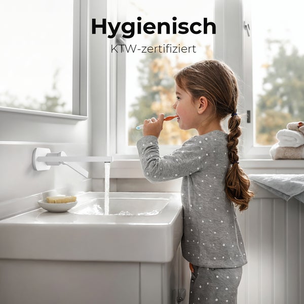 EMKE Unterputz Waschtischarmatur, 2-Loch Wandmontage mit Luftsprudler, Einhebelmischer für Waschbecken und Badewanne, L 215 x H 210 x Ø 17 mm, Weiß