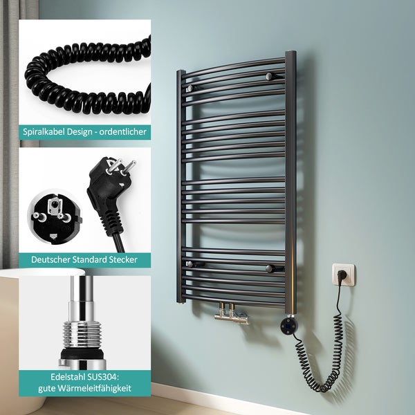 EMKE Heizstab Badheizkörper 300W mit Thermostat & LCD Display, Edelstahl, IP44, Timer & Schlafmodus, Schwarz, 380×60×40 mm