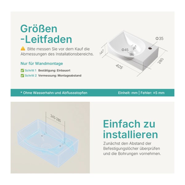 Größenleitfaden für ein Waschbecken zur Wandmontage mit Maßangaben in Millimetern.