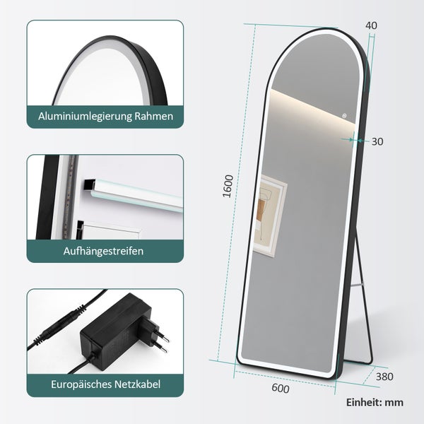Ganzkörperspiegel mit Aluminiumrahmen, LED-Beleuchtung, Aufhängestreifen und europäischem Netzkabel mit den Maßen 1600 x 600 x 380 Millimeter