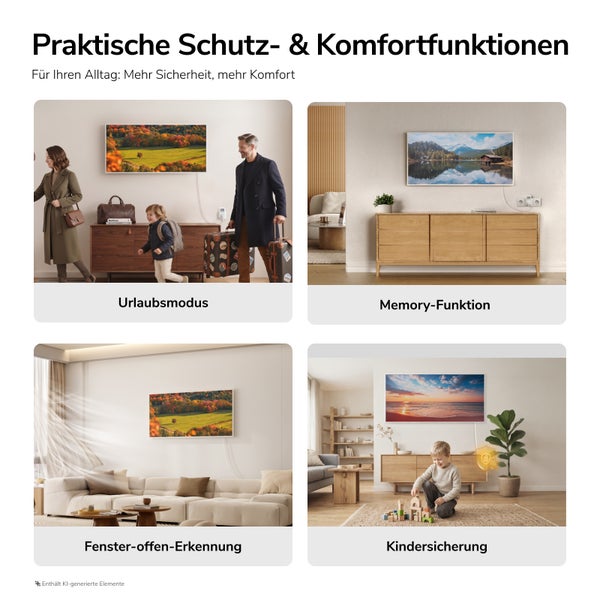 Übersicht der Heizungsfunktionen: Urlaubsmodus, Memory Funktion, Fenster offen Erkennung und Kindersicherung für mehr Sicherheit und Komfort.