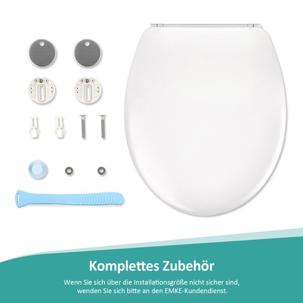 EMKE Toilettendeckel Oval mit Soft-Close-Funktion, WC-Sitze, Weiß, O Form, Schnellmontage, mit blauer Bedienleiste und Sitztragegriff, Tragfähigkeit max. 150kg, 447x363x51mm, für Bad