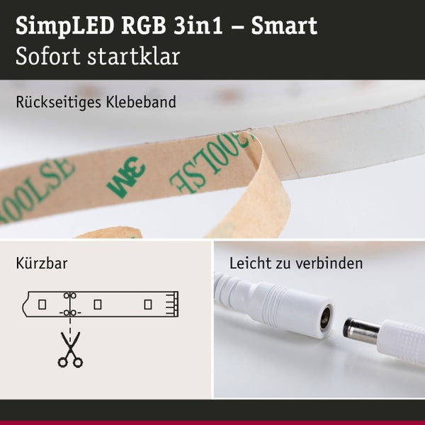 SimpLED RGB 3in1 Smart LED Streifen Eigenschaften: rückseitiges Klebeband, kürzbar, leicht zu verbinden