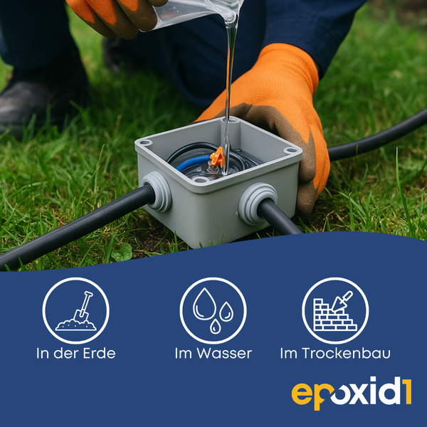 Gießen von Epoxidharz in eine Verteilerdose mit Kabeln für Erdarbeiten, Wasseranwendungen und Trockenbau