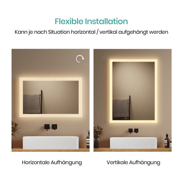 EMKE Badspiegel mit Beleuchtung  60 x 40cm,  LED-Spiegel mit Wandschalter, Warmweiß
