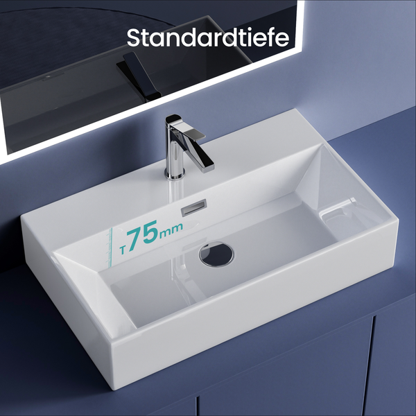 EMKE Aufsatzwaschbecken Keramik 515 x 360 mm, Glänzend Weiß, Mit Hahnloch – Eckiges Waschtisch für Aufsatz- & Wandmontage, für Badezimmer