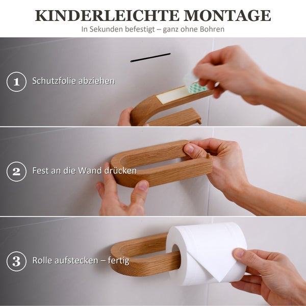 Anleitung zur bohrfreien Montage eines hölzernen Toilettenpapierhalters in drei Schritten durch Kleben an die Wand.