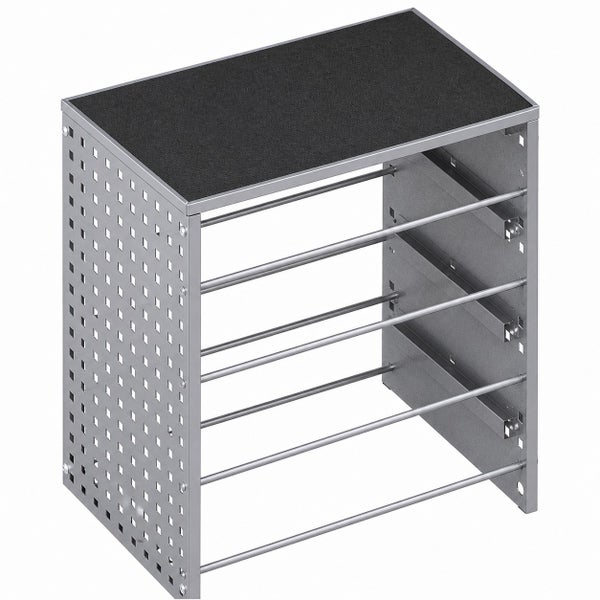 Werkstattregal aus Metall mit gelochter Seitenwand und sechs Querstangen sowie einer schwarzen Deckplatte.