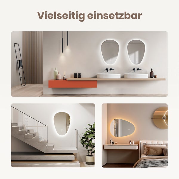 Set aus asymmetrischen LED Spiegeln in verschiedenen Wohnbereichen wie Badezimmer, Flur und Schlafzimmer für vielseitige Einrichtungsmöglichkeiten.