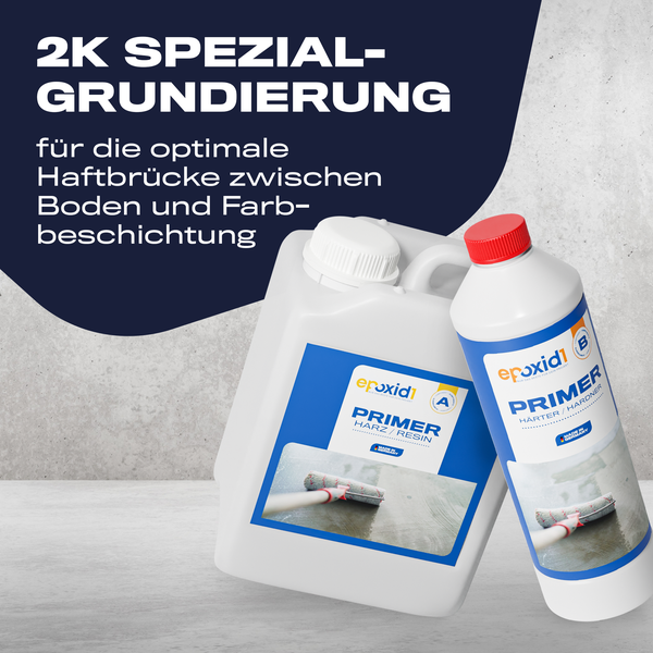 Zwei Komponenten Spezialgrundierung in einer Kunststoffflasche und einem Kanister