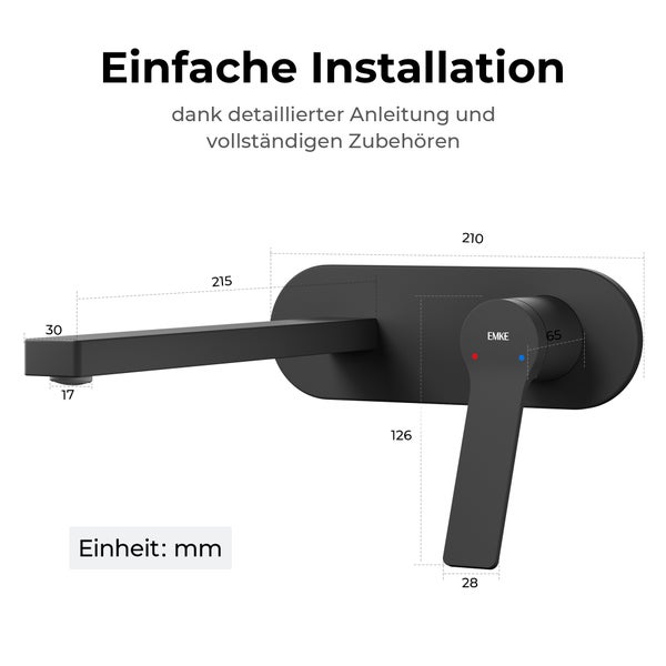 EMKE Unterputz Waschtischarmatur, 2-Loch Wandmontage mit Luftsprudler, Einhebelmischer für Waschbecken und Badewanne, L 215 x H 210 x Ø 17 mm, Schwarz