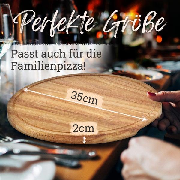 LIKAYA® Pizzabrett/Pizzateller 2er-Set rund ⌀35cm – FSC-Akazienholz mit Pizzaschneider | Perfekt für Pizza, Kuchen, Brotzeit & Käseplatte