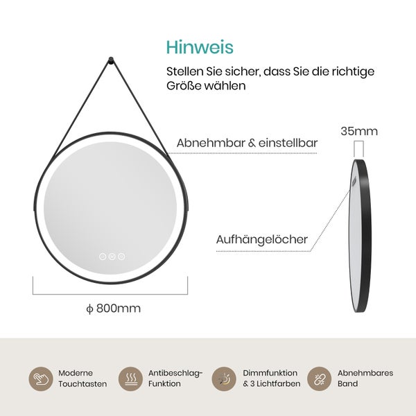 EMKE Badspiegel mit Beleuchtung Ø80 cm, 3 dimmbare Lichtfarben, Antibeschlag, mit Touch-Schalter, IP44, mit Dekorrahmen, für Badezimmer