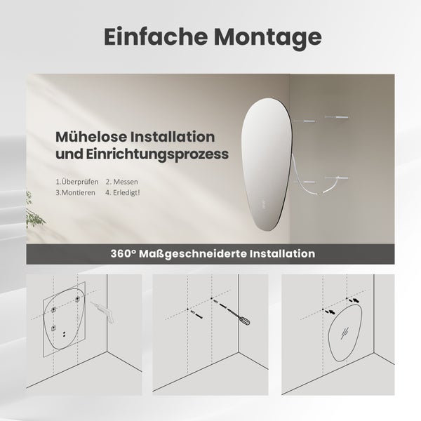 Montageanleitung für einen ovalen Badezimmerspiegel mit LED Beleuchtung inklusive Schritt für Schritt Darstellung der Wandinstallation